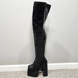 ASOS Thigh High Black Patent Leather Platform Boots 11 Goth Rave Club Cyberpunk